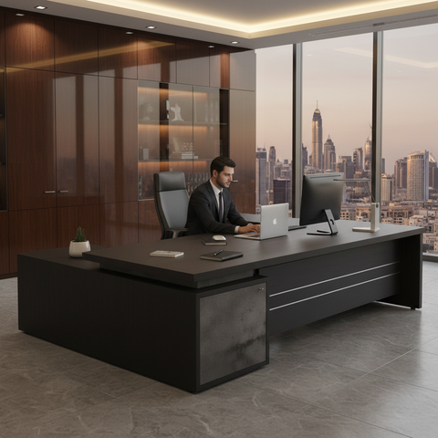 L-Shape Office Desk 1.6M Coffee Grey | Premium Executive Desk UAE