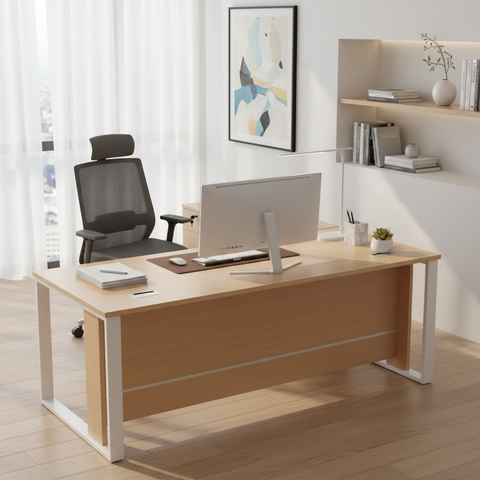 Office Desk with Side Table 180cm - Modern Executive Desk UAE | Oak Finish