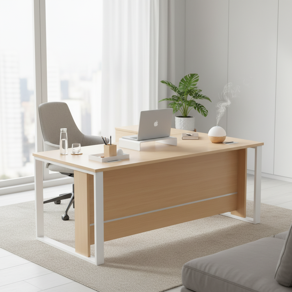 Office Desk with Side Table 180cm - Modern Executive Desk UAE | Oak Finish