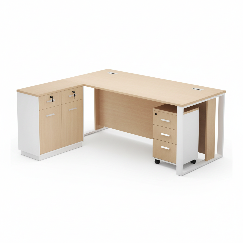 Office Desk with Side Table & Pedestal Drawer 200cm - Oak Finish | Dubai UAE