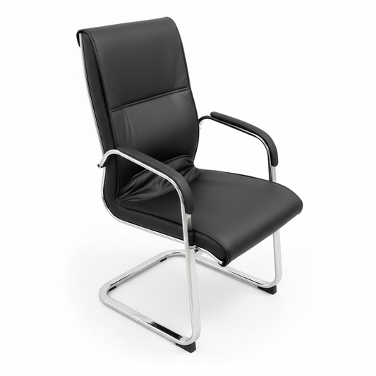 Spanio26A Executive Office Chair UAE | Ergonomic Cantilever Chair with Chrome Base | Black Leather Office Seating Dubai