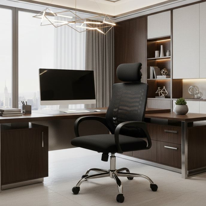 Medium Back Office Chair with Headrest UAE | Ergonomic Chrome Base | Dubai Abu Dhabi | IH 5003