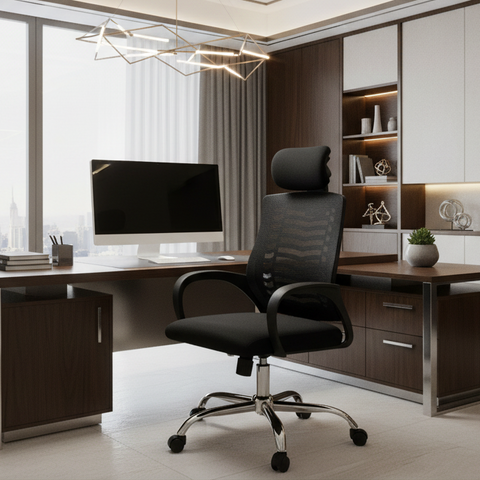 Medium Back Office Chair with Headrest UAE | Ergonomic Chrome Base | Dubai Abu Dhabi | IH 5003