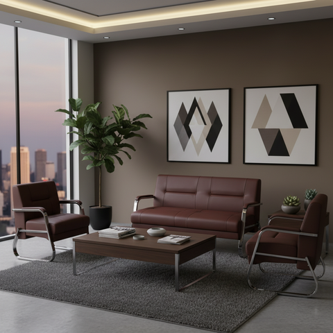 Brown PU Office Sofa Set (3+1+1) - Premium Leather Seating | IH 685