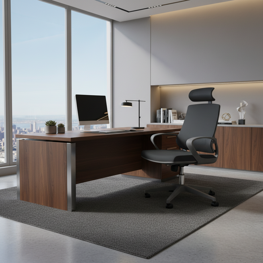 High Back Office Chair with Headrest Grey - Ergonomic Executive Chair UAE