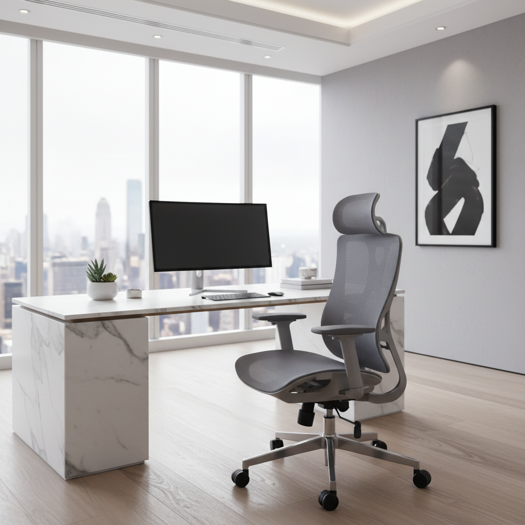 Premium Ergonomic Grey Office Chair with Headrest Dubai | High Back Mesh Executive Chair UAE | IH A-216