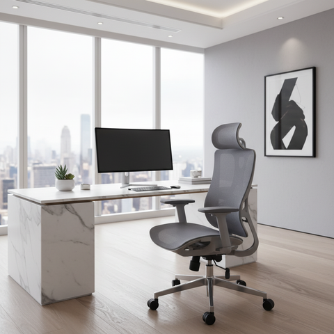 Premium Ergonomic Grey Office Chair with Headrest Dubai | High Back Mesh Executive Chair UAE | IH A-216