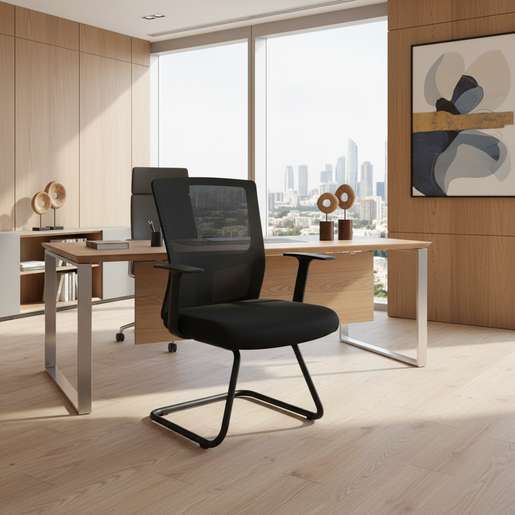 Mesh Back Visitor Chair UAE | Office Guest Chair with Fixed Arms | Black