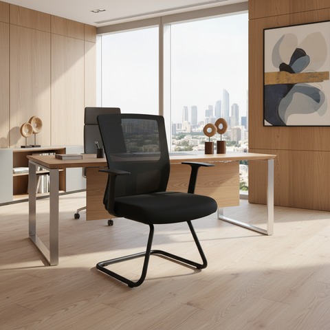 Mesh Back Visitor Chair UAE | Office Guest Chair with Fixed Arms | Black