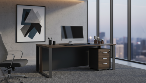 Office Desk with Metal Legs & Pedestal Drawer 180cm - Walnut Grey | Dubai UAE