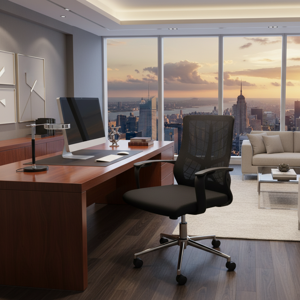 Medium Back Mesh Office Chair UAE | Ergonomic Chrome Base | Dubai Office Furniture | IH 8008M BLK