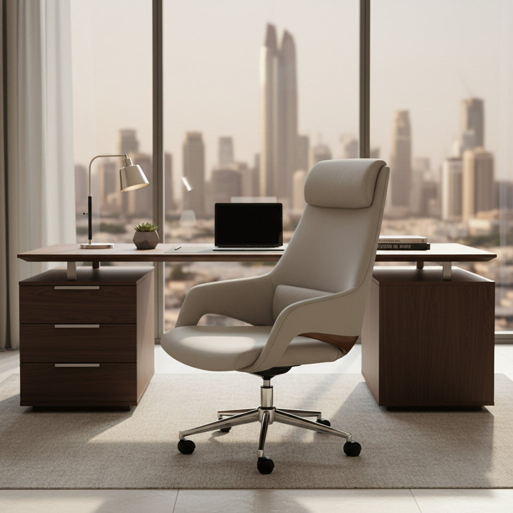Premium High Back Office Chair - Beige & Grey PU Leather | UAE Delivery