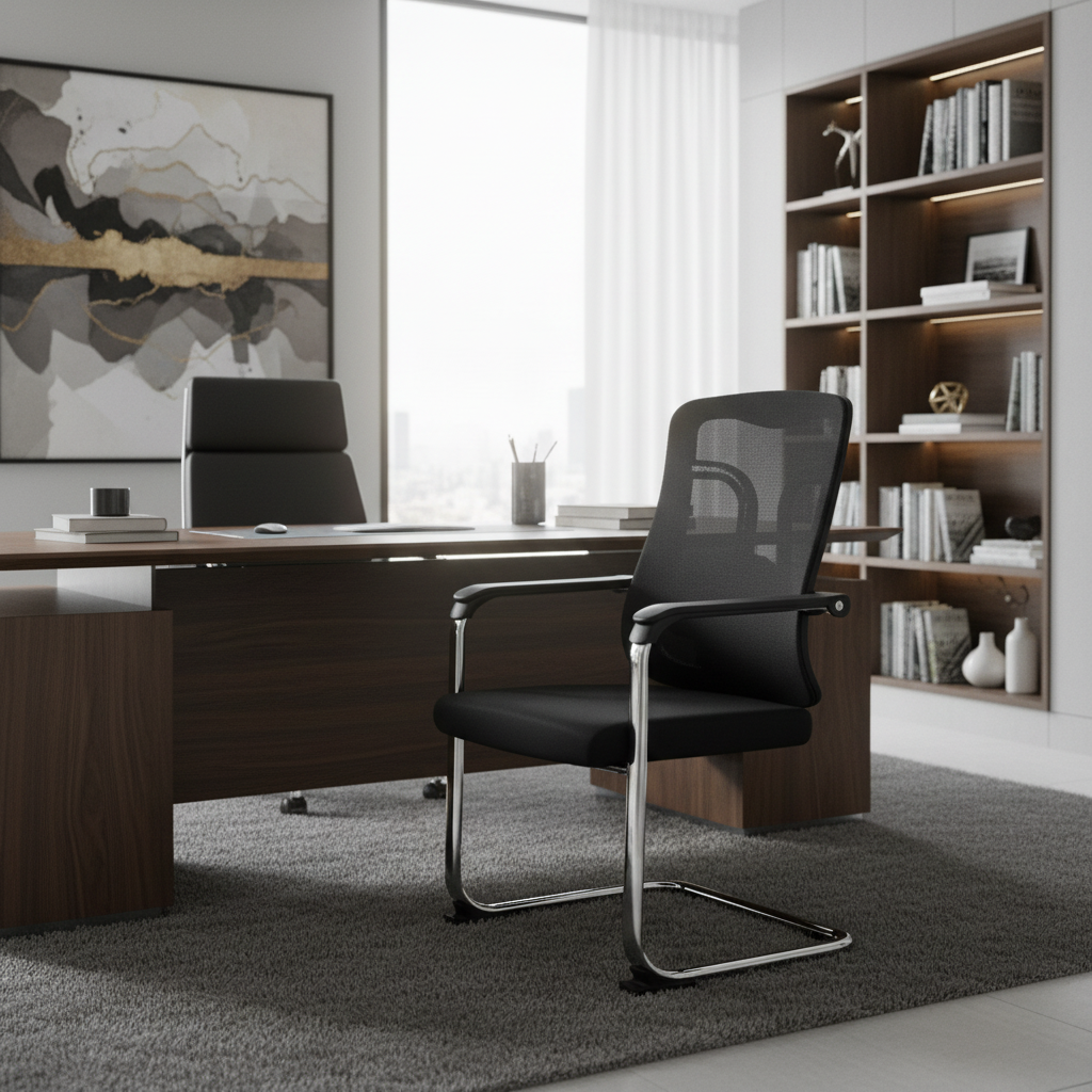 Ergonomic Mesh Visitor Chair with Chrome Arms - Office Guest Chair UAE | IH D-215