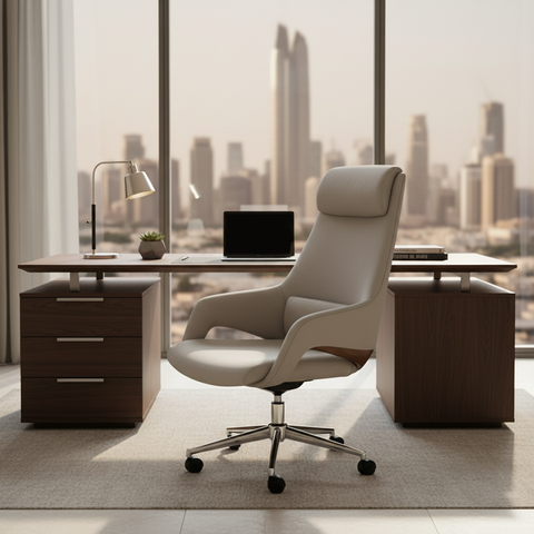 Premium High Back Office Chair - Beige & Grey PU Leather | UAE Delivery