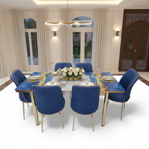 Blue and Gold Marble Dining Set 170x80cm | Luxury Dining Table UAE