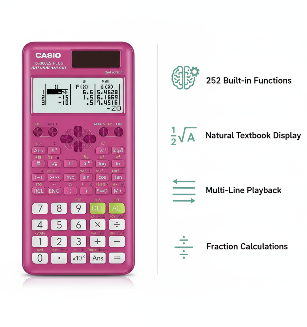 Casio Scientific Calculator fx-300ESPLS2 - Pink Edition with 252 Functions