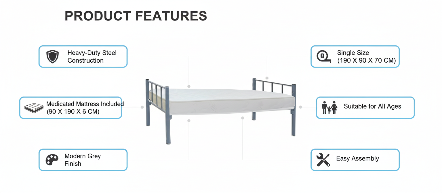 Premium Steel Single Bed with Medicated Mattress - UAE Wide Delivery | INFINI HOMES