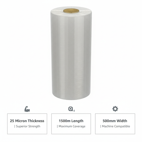 Power Stretch Film Machine Grade T25 - Industrial Pallet Wrap UAE | 500mm x 1500m