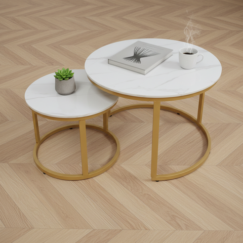 Sintered Stone Coffee Table Set (1+1) | IH 6-1 | 70×70 & 50×50 cm | Golden Base