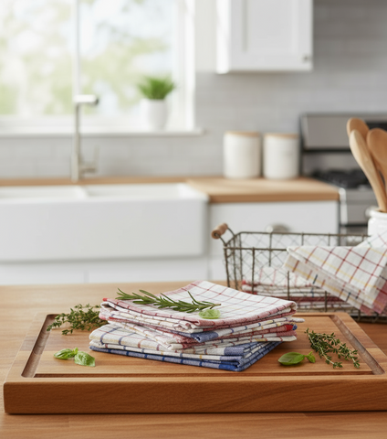 Orchard Blue Red Kitchen Towels UAE Set of 3 | Luxury Multi Checks 50x70cm Dubai Abu Dhabi | INFINI HOMES