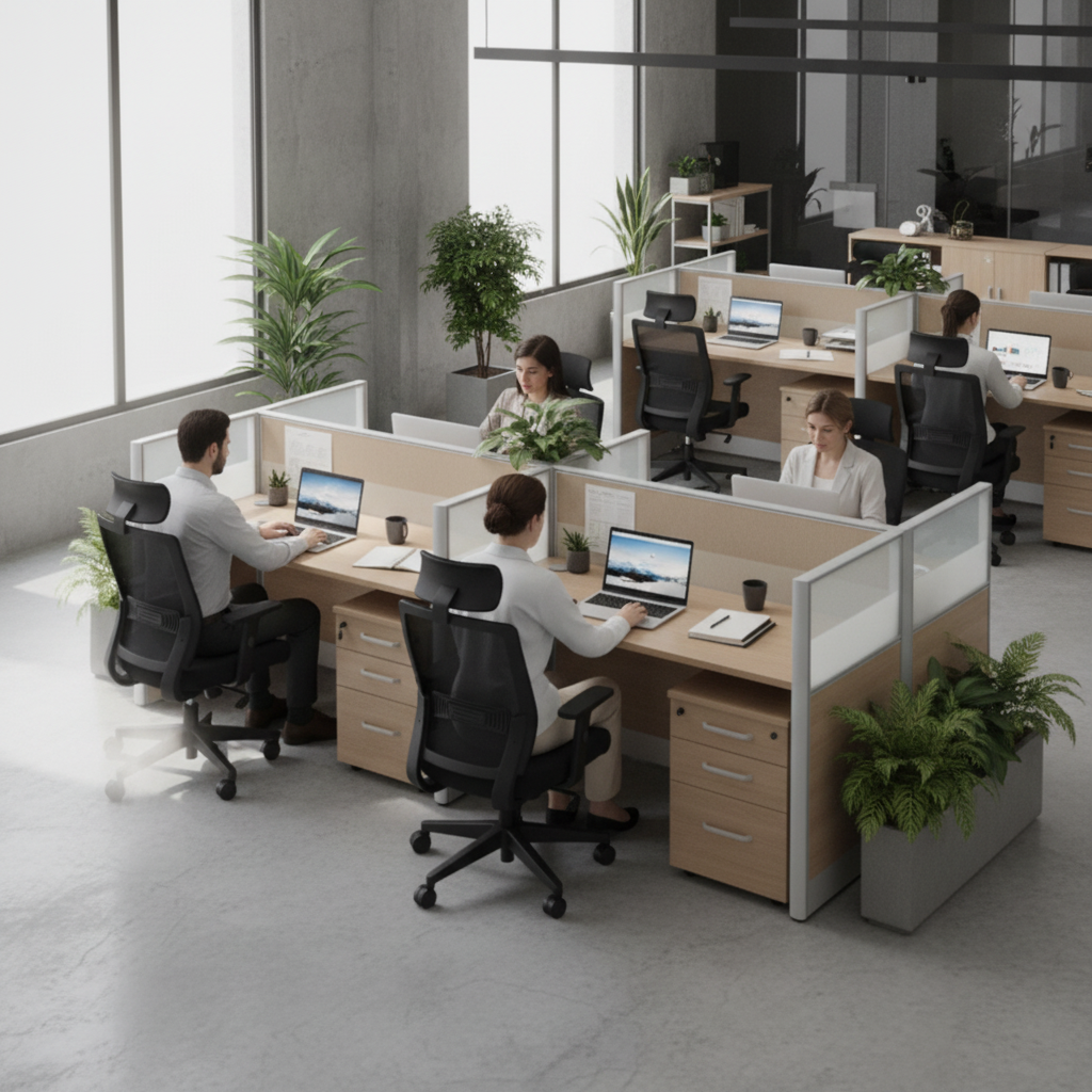 4-Person Work Station Beech & White | Office Desk UAE | Free Delivery Dubai, Abu Dhabi, Sharjah