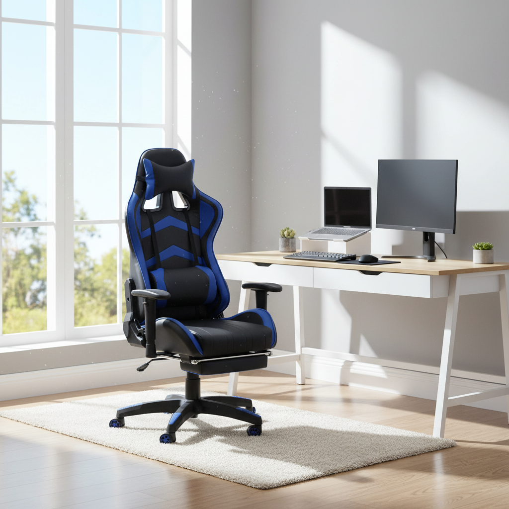 Black and Blue Gaming Chair with Adjustable Arms and Footrest in Modern Home Office – Buy Gaming Chair in UAE | INFINI HOMES