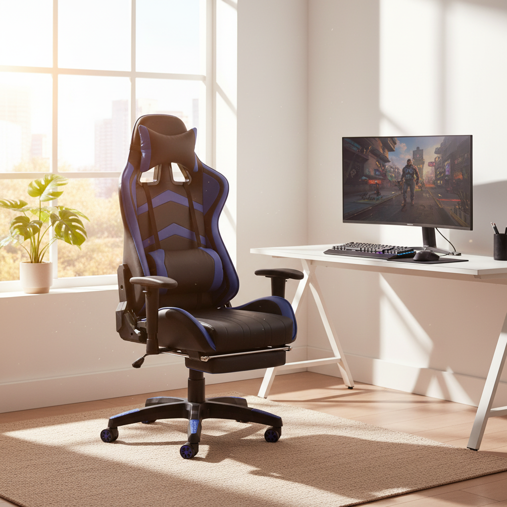 Black and Blue Gaming Chair Next to Gaming Desk with Monitor – Ergonomic Gaming Chair UAE | INFINI HOMES