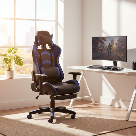 Black and Blue Gaming Chair Next to Gaming Desk with Monitor – Ergonomic Gaming Chair UAE | INFINI HOMES
