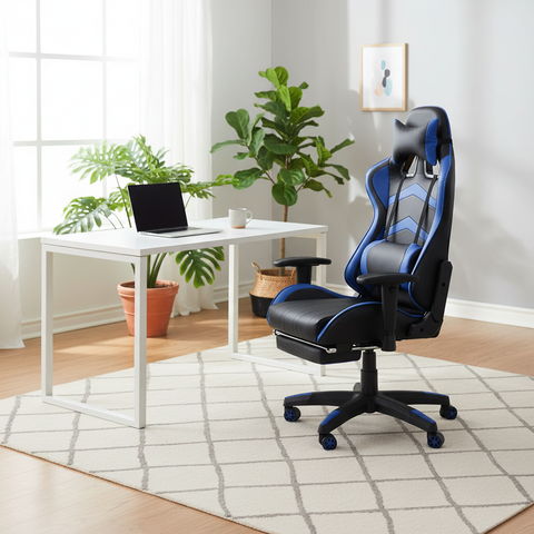 Blue and Black Reclining Gaming Chair with Retractable Footrest in Bright Home Office – Buy Gaming Chair Online UAE | INFINI HOMES