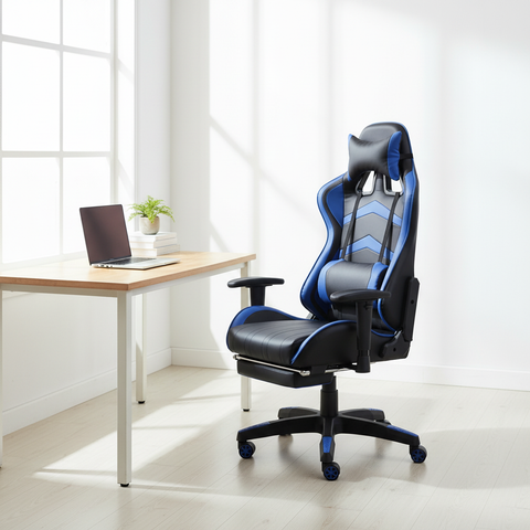 Blue and Black Gaming Chair with Footrest in Minimalist Home Office Setup – Gaming Chair Dubai UAE | INFINI HOMES