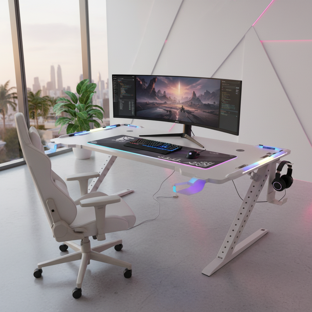 Gaming Table with LED Light White 120x60x75cm | UAE Delivery