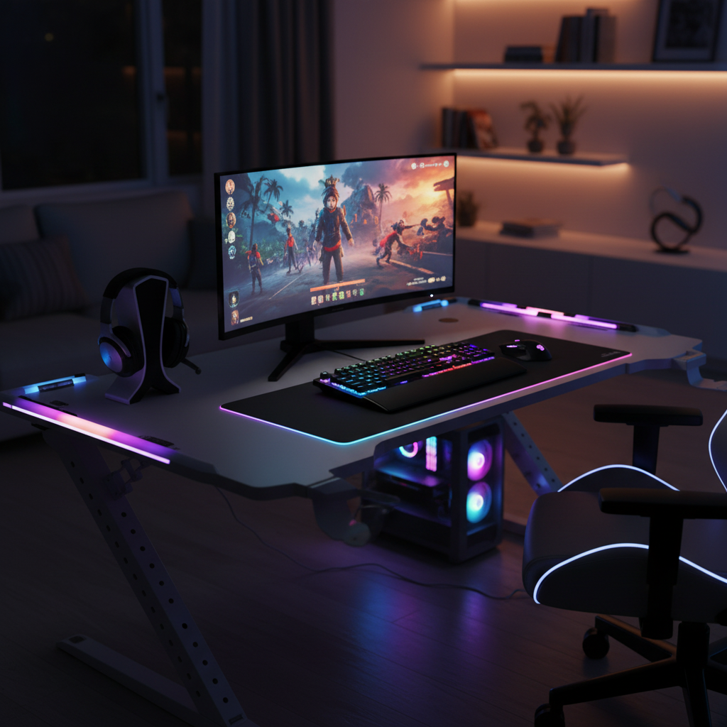 Gaming Table with LED Light White 120x60x75cm | UAE Delivery