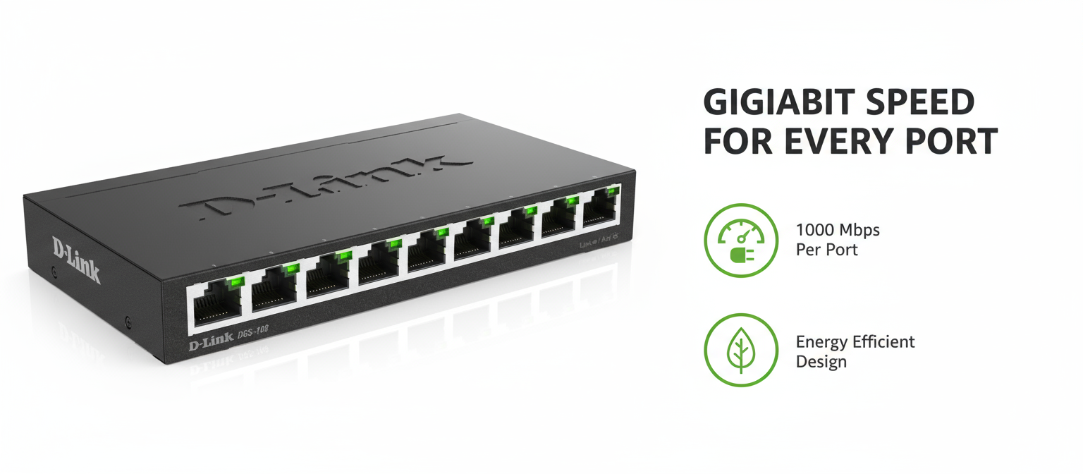 D-Link DGS-108 8-Port Gigabit Unmanaged Desktop Switch - 1000Mbps Ethernet Switch