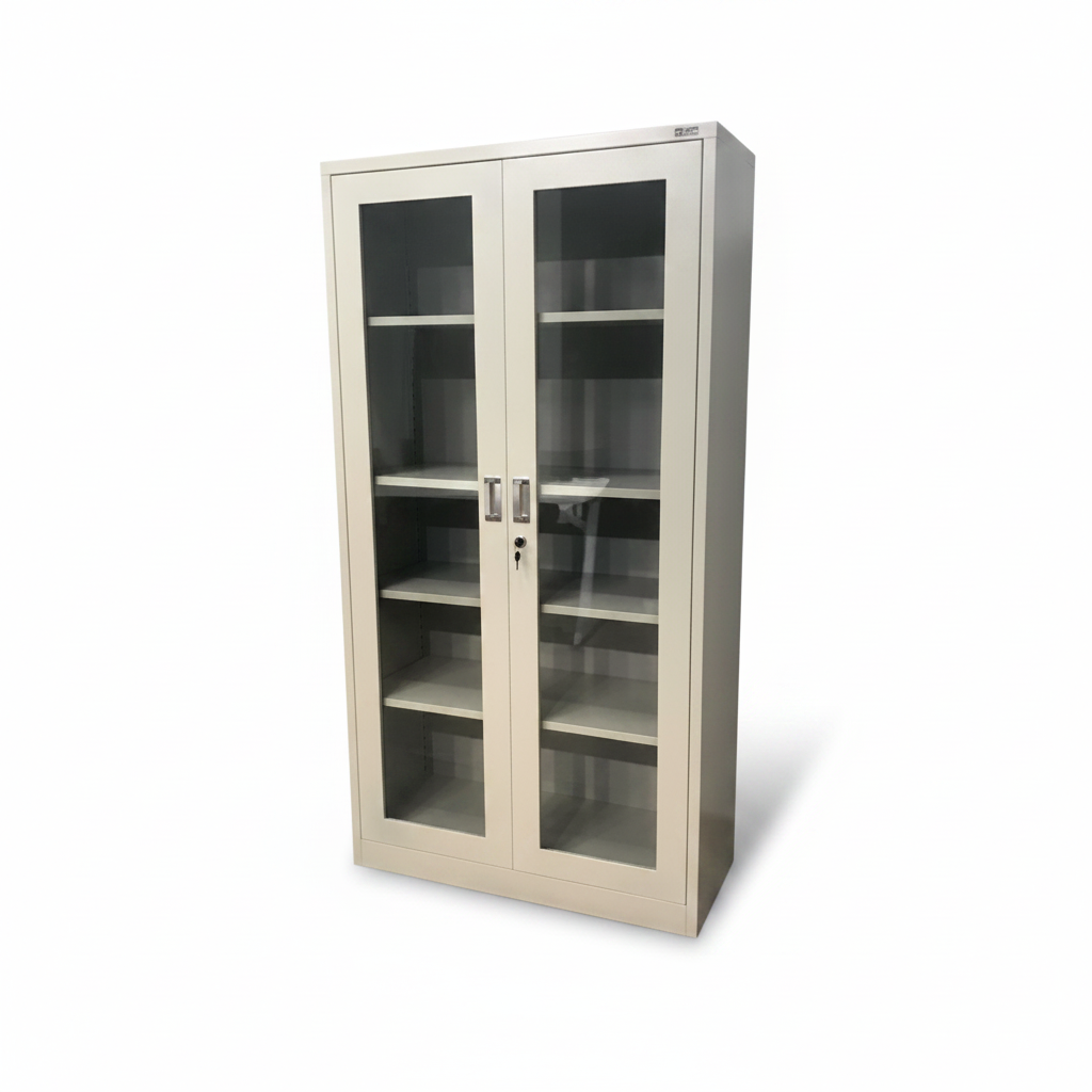 INFINI HOMES IH FC19 Metal Cupboard with Glass Swing Doors and 4 Adjustable Shelves – Grey Powder-Coated