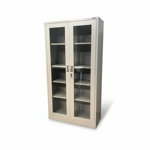 INFINI HOMES IH FC19 Metal Cupboard with Glass Swing Doors and 4 Adjustable Shelves – Grey Powder-Coated