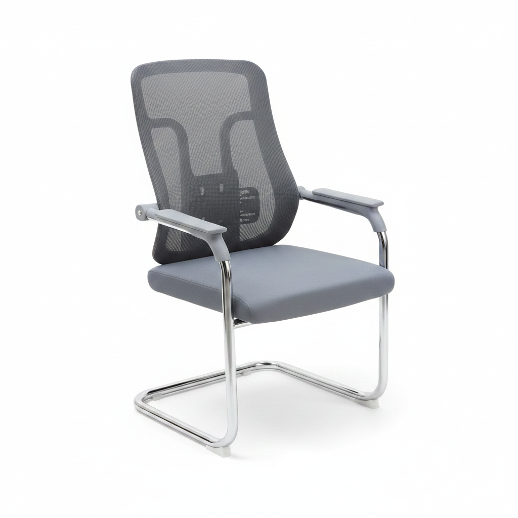 Grey Mesh Back Visitor Chair with Fabric Seat & Chrome Arms – White Background | IH 318V | INFINI HOMES