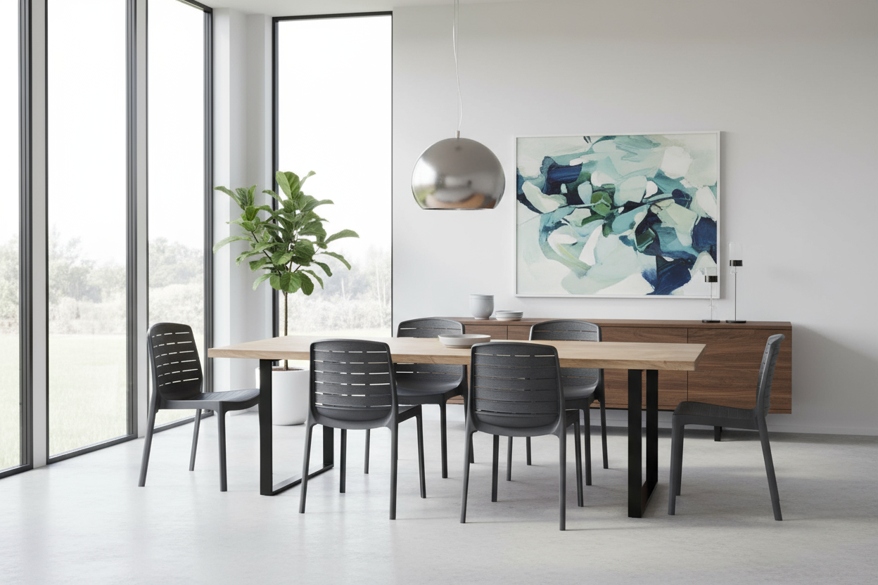 Grey plastic dining chairs in elegant dining room setting - UAE interior design Dubai