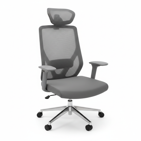 Grey Mesh High Back Ergonomic Office Chair with Chrome Base – White Background | INFINI HOMES UAE