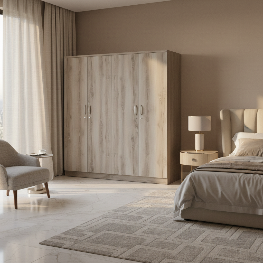 Four Door Grey Oak Wardrobe in Luxury Guest Bedroom – Premium Wooden Wardrobe Dubai UAE