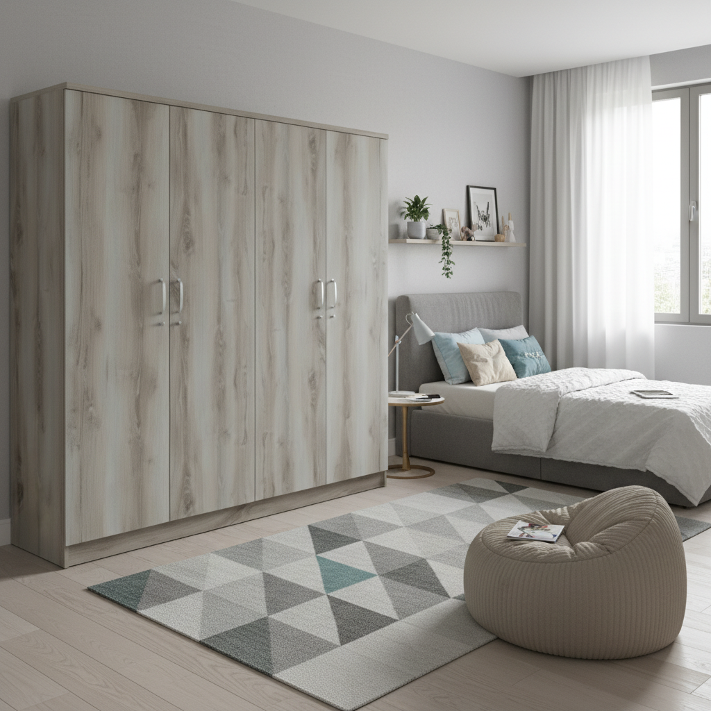 Grey Oak Four Door Wardrobe in Kids Bedroom – Modern Wooden Wardrobe – UAE Delivery