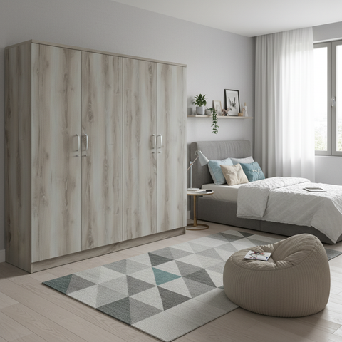 Grey Oak Four Door Wardrobe in Kids Bedroom – Modern Wooden Wardrobe – UAE Delivery