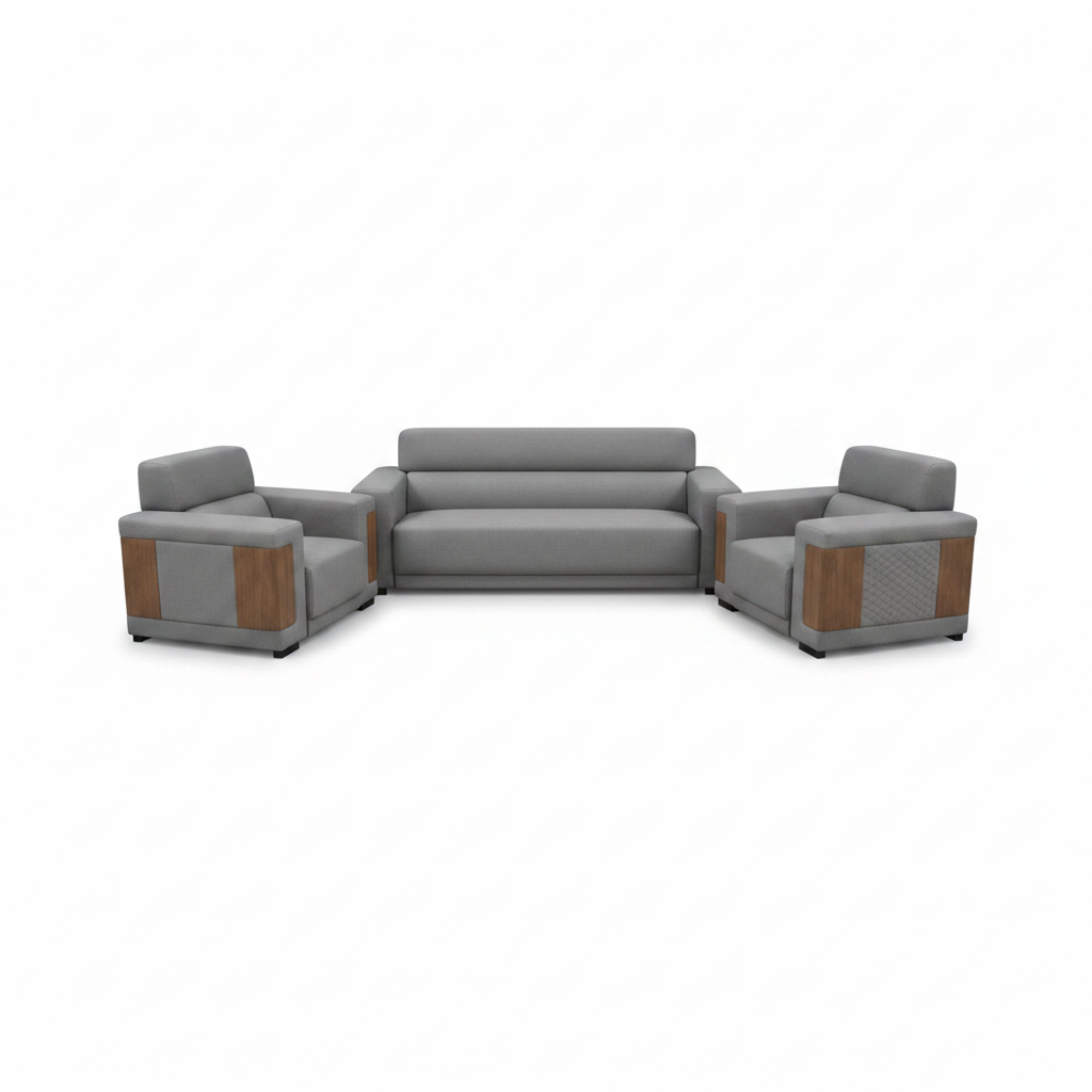 Grey Fabric Sofa Set 3+1+1 with Walnut Wood Accent Panels – Modern Living Room Furniture UAE | IH 6316