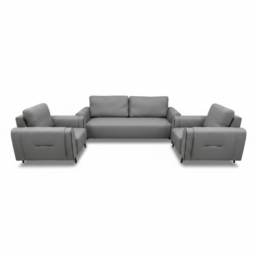 Grey fabric sofa set with 3-seater and two armchairs – modern living room furniture UAE