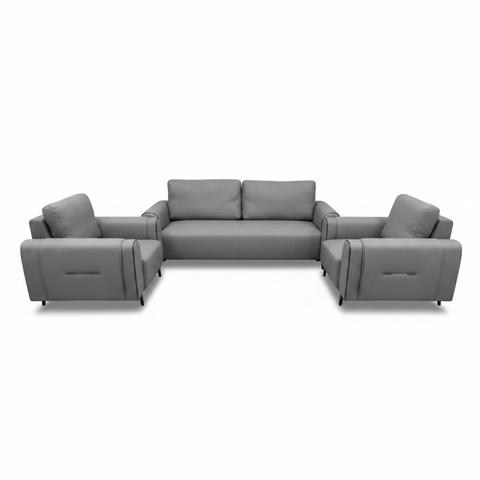 Grey fabric sofa set with 3-seater and two armchairs – modern living room furniture UAE