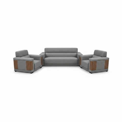 Grey Fabric Sofa Set 3+1+1 with Walnut Wood Accent Panels – Modern Living Room Furniture UAE | IH 6316