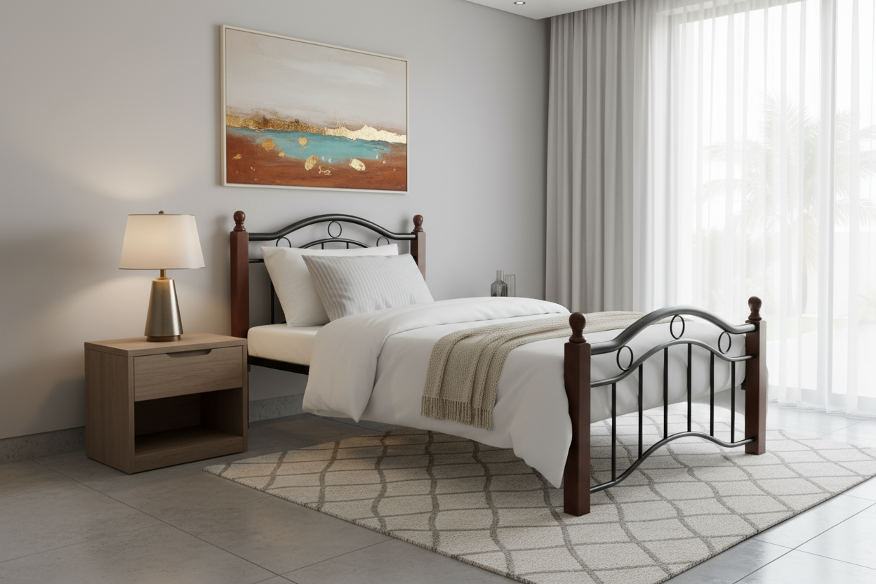 Premium Wooden Steel Bed Frame Single Size 190x90x75cm | UAE Delivery to Dubai, Abu Dhabi, Sharjah | Modern Bedroom Furniture