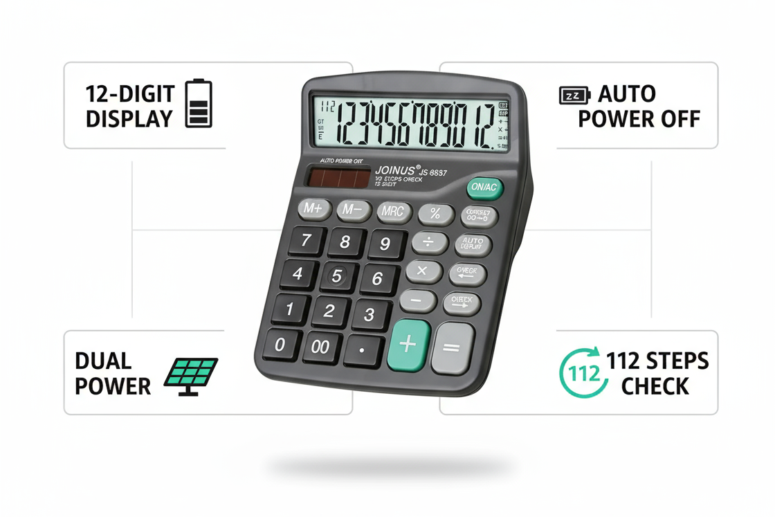 JOINUS 12-Digit Calculator JS-8837 | Dual Power Desktop Calculator for Office & School UAE