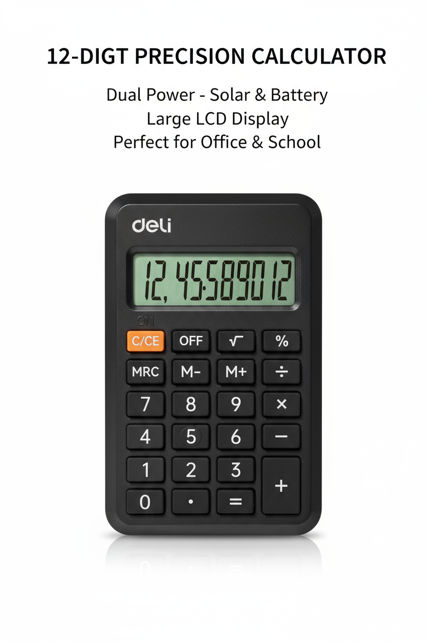 Deli EM100 Calculator 12-Digit Display Dubai UAE | Portable Solar Calculator for Office School | Dual Power Desktop Calculator