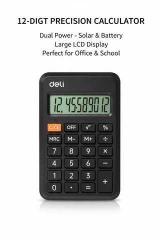 Deli EM100 Calculator 12-Digit Display Dubai UAE | Portable Solar Calculator for Office School | Dual Power Desktop Calculator