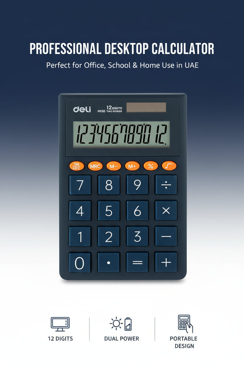 Deli EM130 Calculator 12 Digit - Portable Desktop Calculator Dubai UAE | Solar & Battery Dual Power